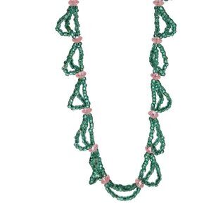 Vintage Boho Green Beaded Necklace Pink Accents Retro 70s Fashion Jewelry Women